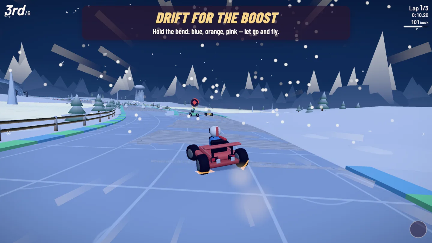 Dream Grand Prix — a kart drifts across the ice lake at night, fire off its rear wheels.