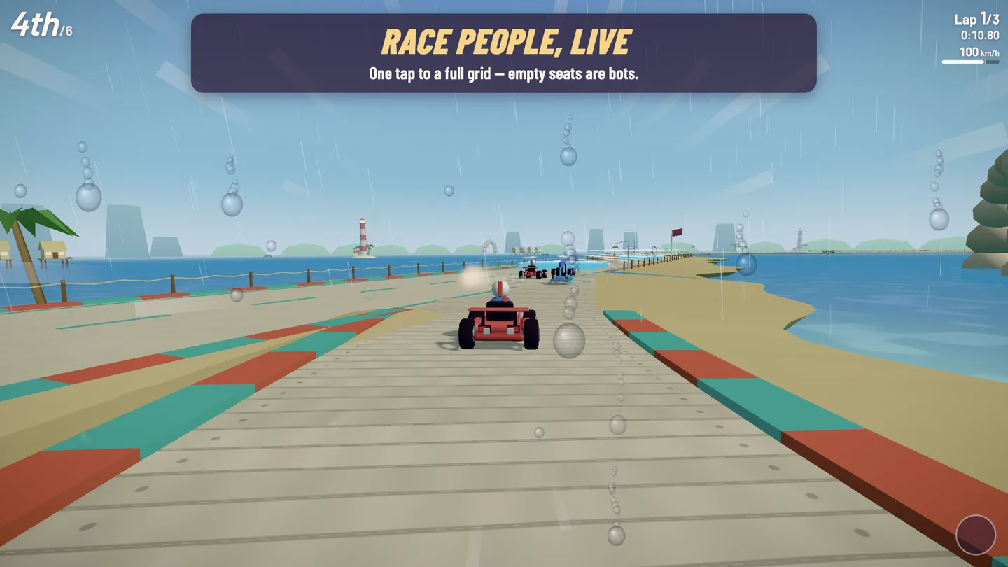 Dream Grand Prix — six karts race a live online race on a boardwalk over the lagoon.