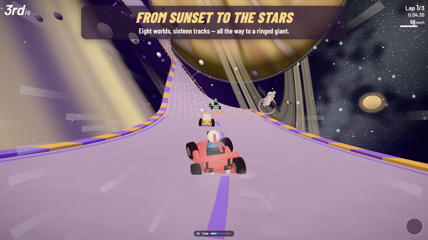 Dream Grand Prix — karts race on a road across the rings of a giant planet, captioned FROM SUNSET TO THE STARS.