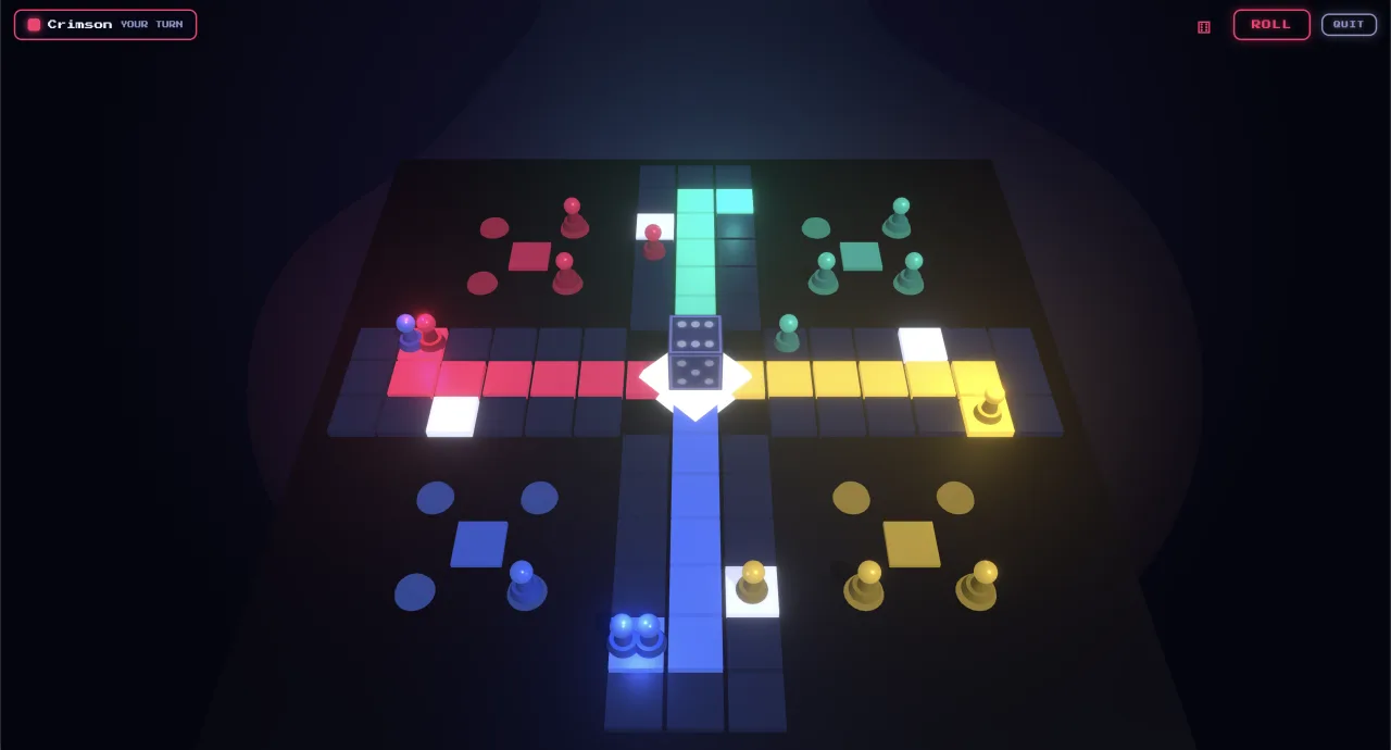 Ludo Chaos 3D board — all four neon colours in play, pawns on the track and in the goal lanes with the die at the centre.