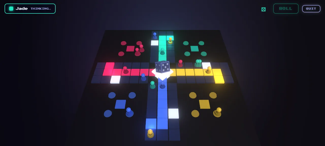 Ludo Chaos 3D gameplay — a neon voxel Ludo cross board with glowing pawns racing along the track and a rolling die at the centre.