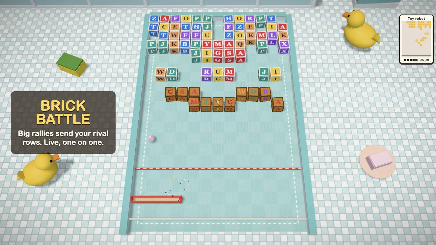 Marble Mayhem — a Brick Battle in the bath, the rival's wall in the corner.