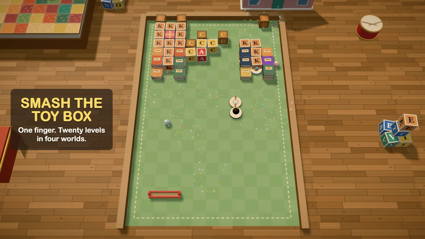 Marble Mayhem: Brick Breaker — a glass marble smashes alphabet blocks on a toy tray in a child's bedroom, captioned SMASH THE TOY BOX.