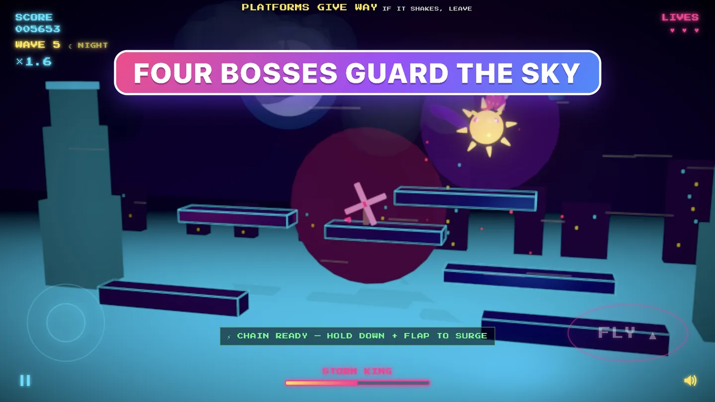 Neon Balloon Brigade — a glowing spiked boss over the neon night arena.