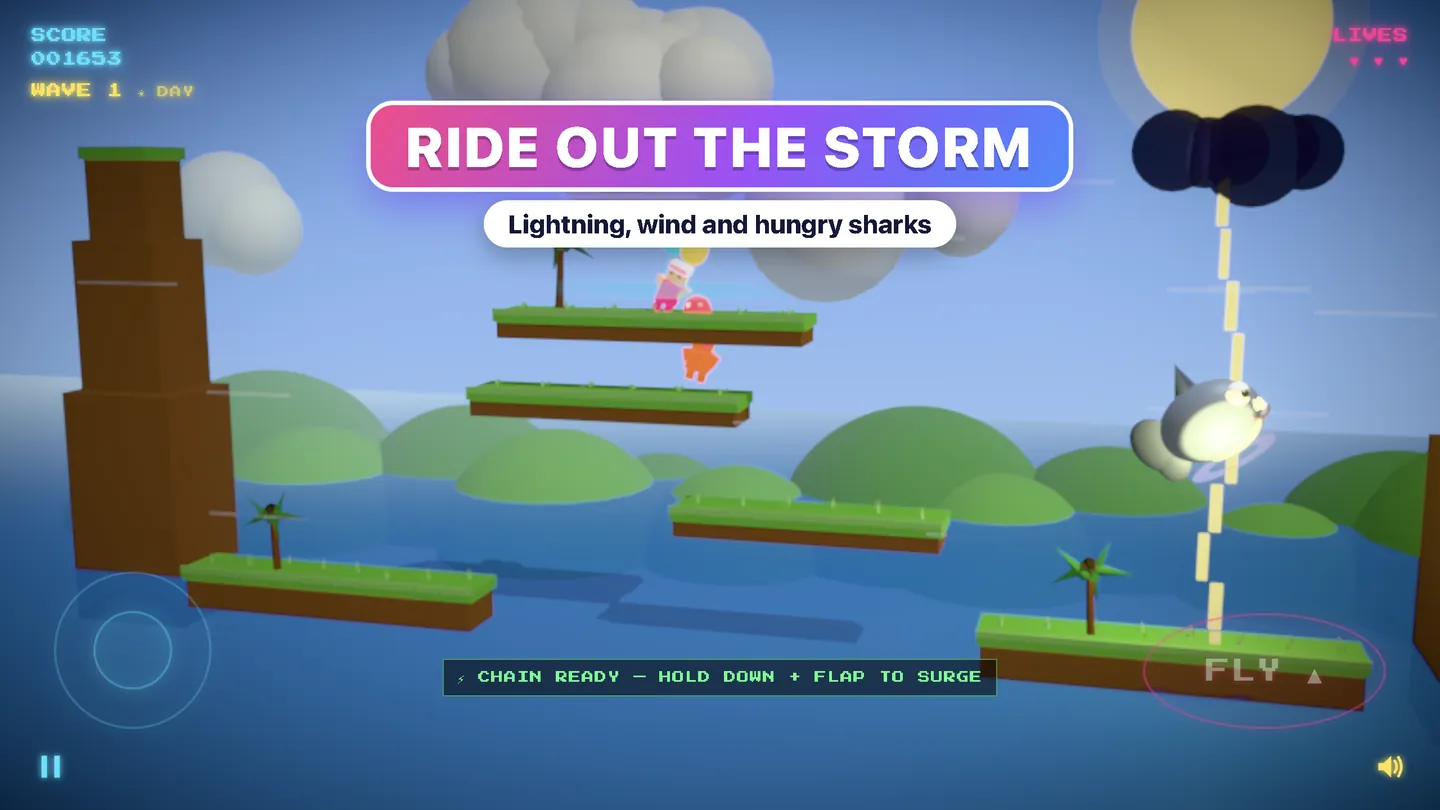 Neon Balloon Brigade — a lightning bolt strikes between grassy ledges while balloon fighters flap above the water.