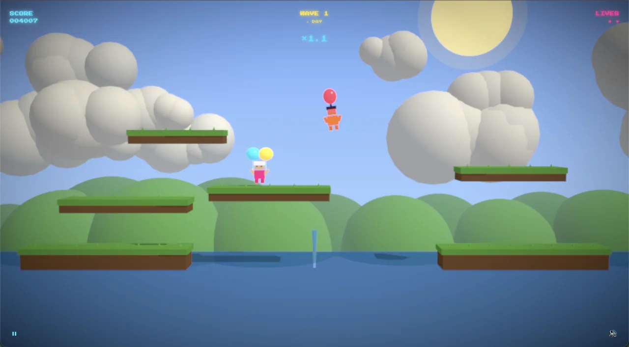 Neon Balloon Fight daytime gameplay — 3D balloon characters on stepped platforms with clouds and water below.