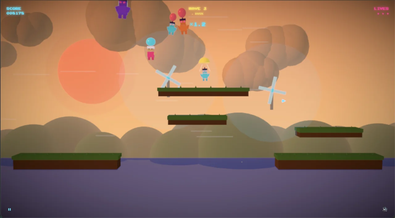 Neon Balloon Fight dusk gameplay — 3D balloon characters above rolling green platforms at sunset, with windmills.