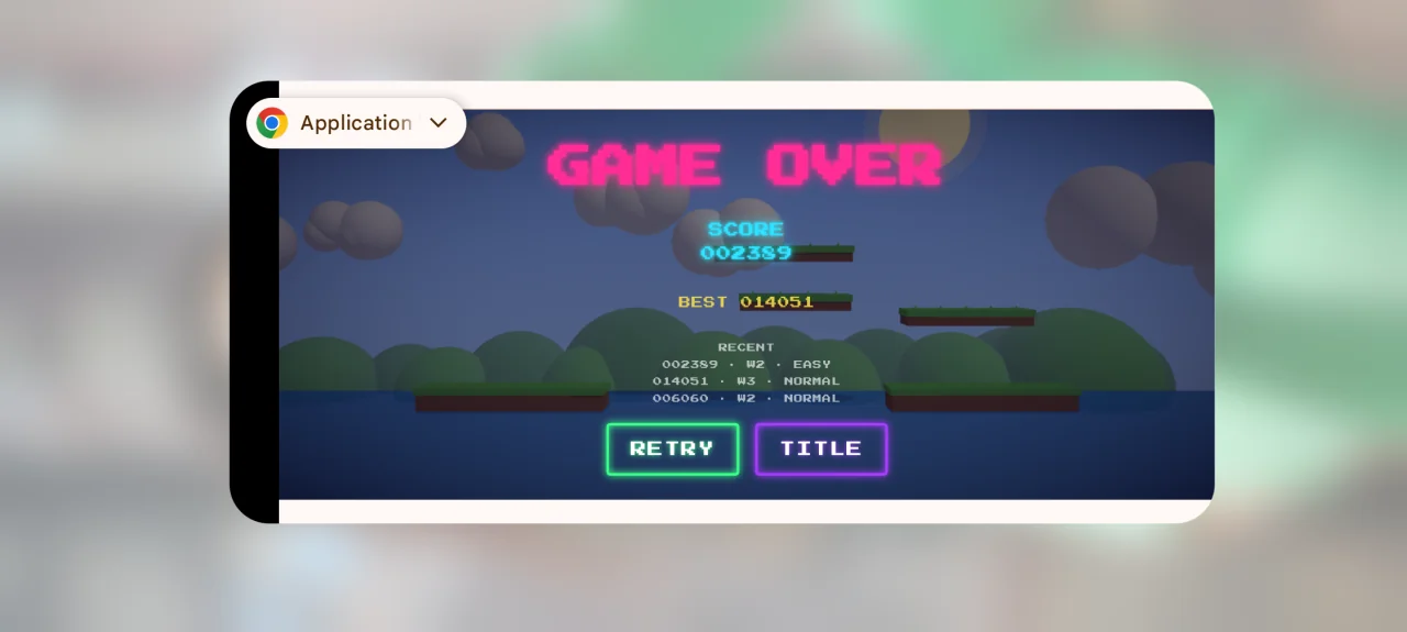 Neon Balloon Fight mobile game-over screen — final score and personal best history.