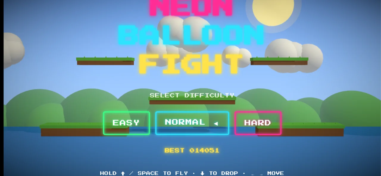 Neon Balloon Fight mobile title screen — Easy / Normal / Hard difficulty buttons on a phone held in landscape.
