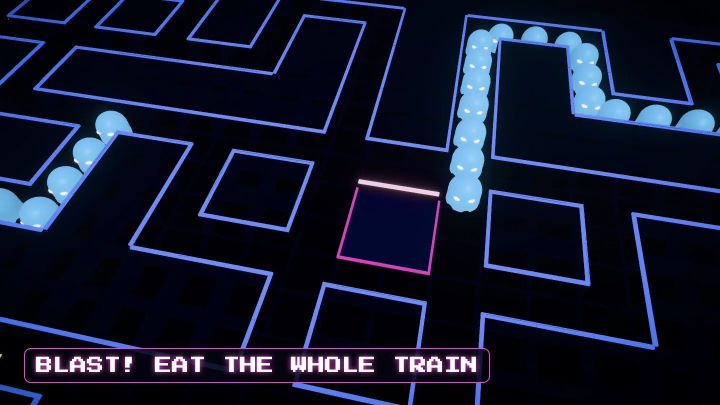 Neon Ghost Train — every train frozen ice-blue by a blast.