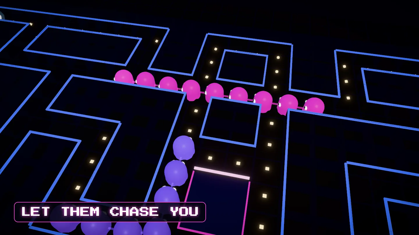 Neon Ghost Train — a hunter tows a long train of glowing ghosts through a neon maze, captioned LET THEM CHASE YOU.
