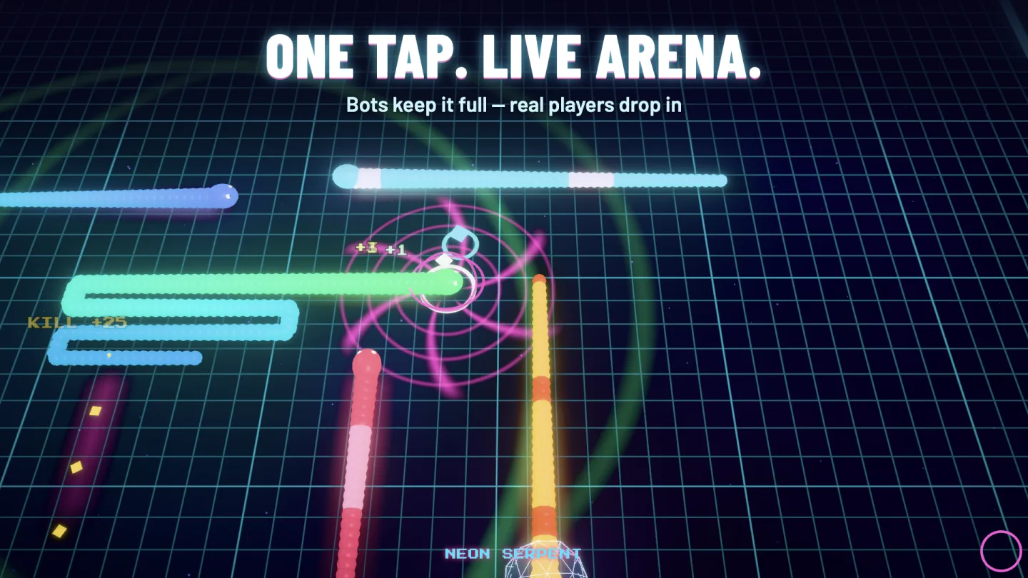 Neon Serpent — glowing serpents weave across a neon grid arena, captioned ONE TAP. LIVE ARENA.