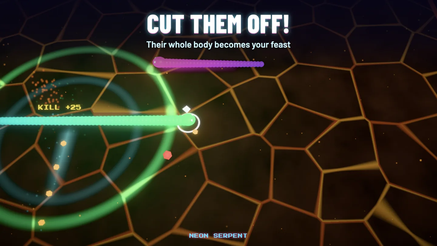 Neon Serpent — a rival runs into the player and bursts into a feast, captioned CUT THEM OFF!