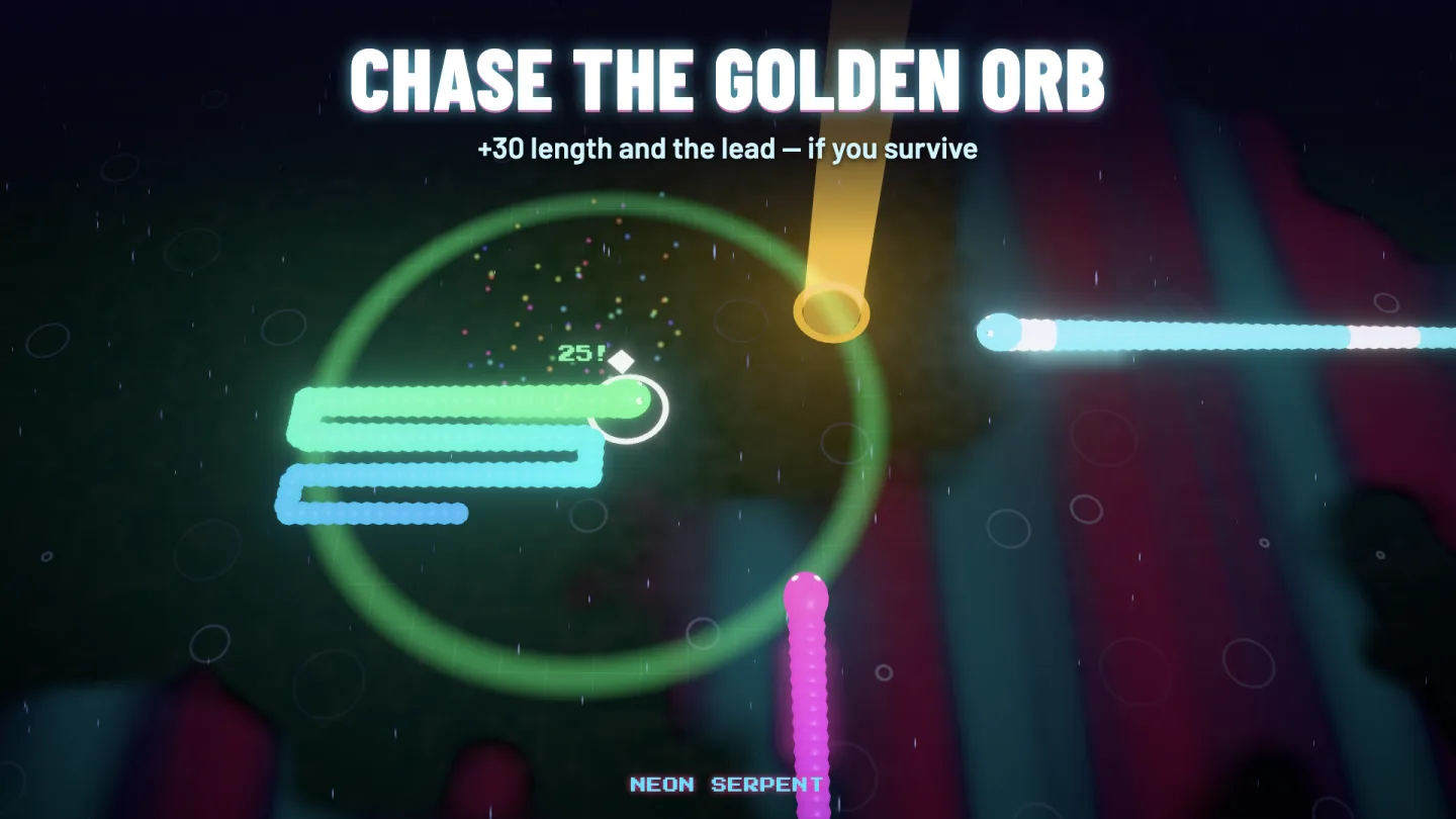 Neon Serpent — a golden beam falls over Rain City, captioned CHASE THE GOLDEN ORB.