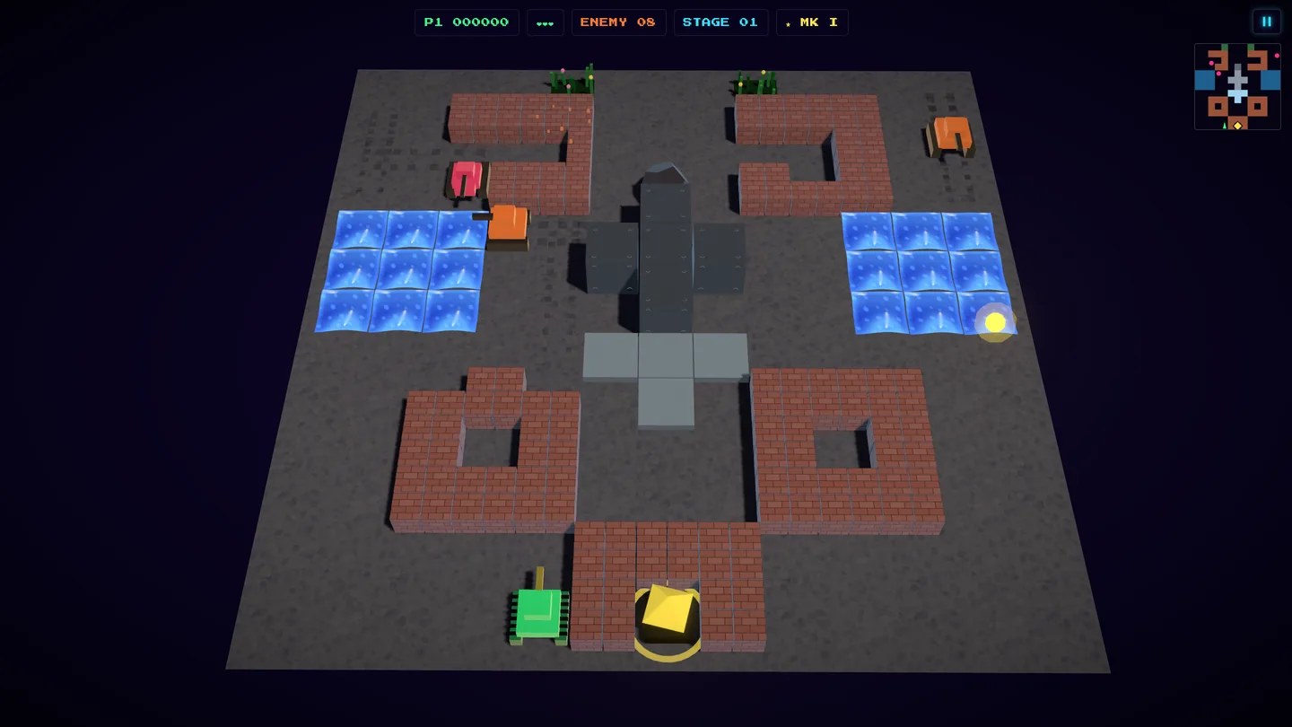 Neon Tank Brigade board camera — the whole stage at once, brick walls, water tiles and enemy tanks closing on the eagle.