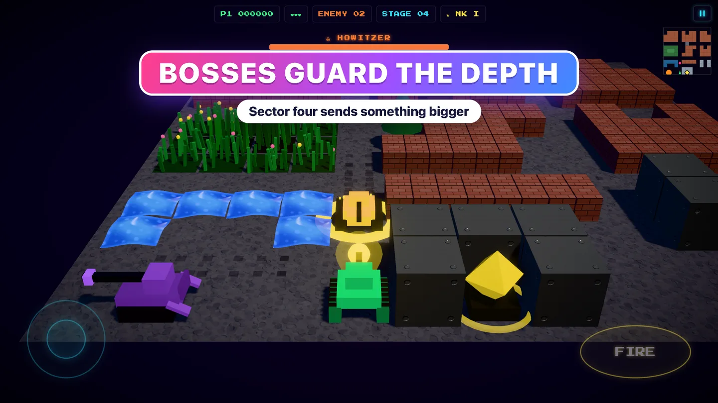 Neon Tank Brigade — a purple Howitzer boss squares up to the green tank beside the eagle.