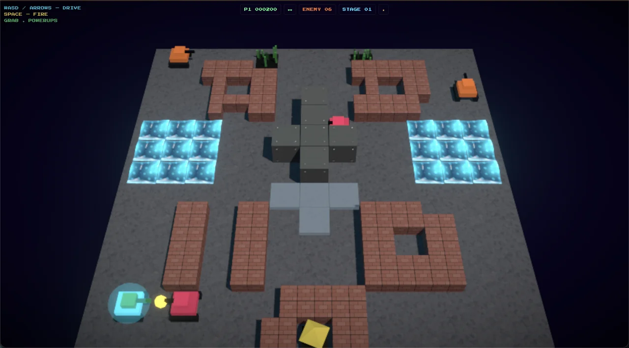 Neon Tank Brigade gameplay — voxel tanks on a brick battlefield with neon water tiles, top-down 3D view.