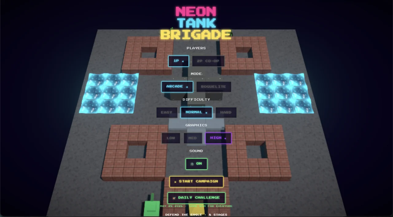Neon Tank Brigade title screen — game mode, difficulty, graphics, and sound options over the live 3D diorama.
