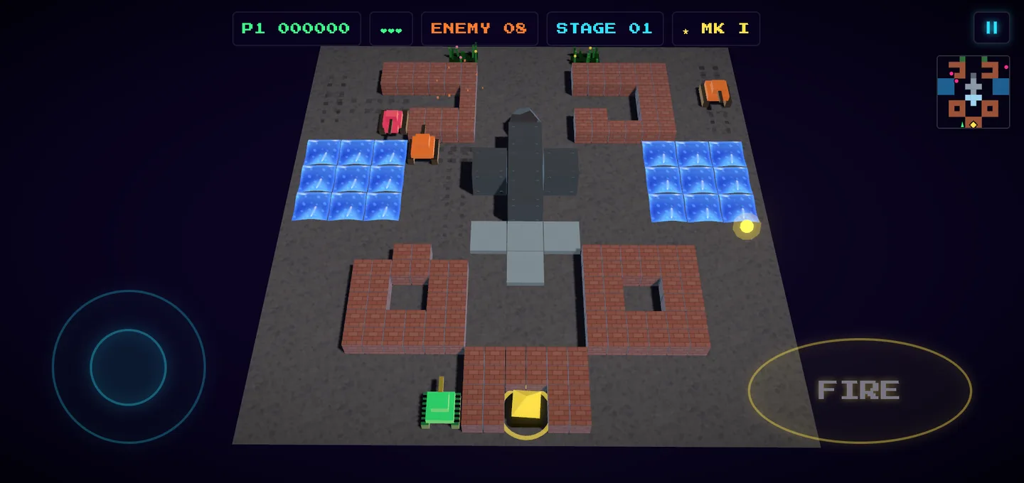 Neon Tank Brigade on a phone held sideways — the on-screen thumbstick and FIRE pad either side of the 3D battlefield.