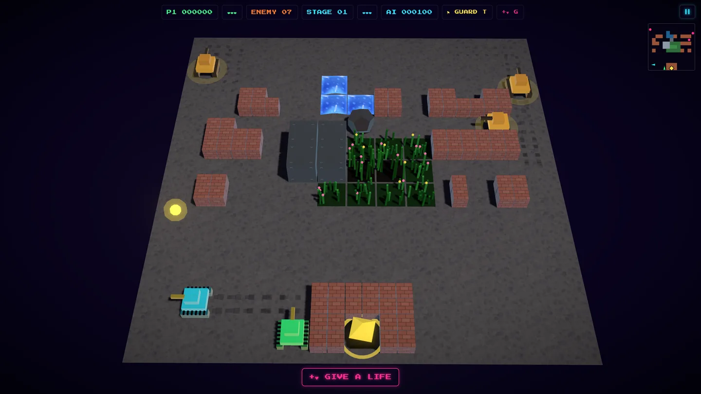 Neon Tank Brigade roguelite run — the player's green tank and a cyan AI wingman against three enemy tanks, with a GIVE A LIFE prompt.