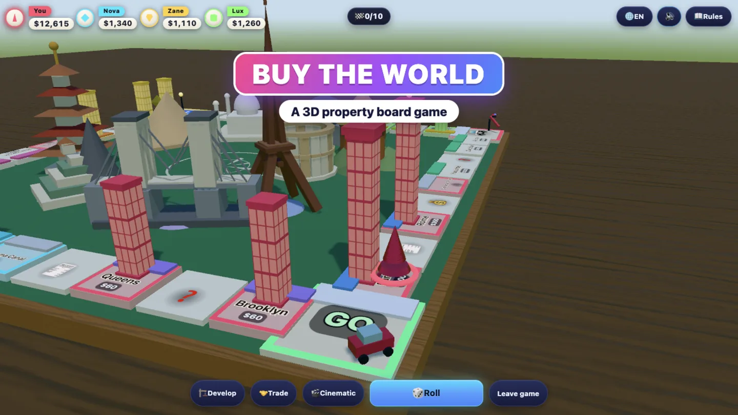 Neon Tycoon — the camera dives past tower blocks, a bridge and the Eiffel Tower.