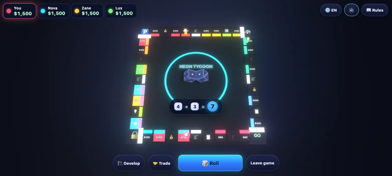 Neon Tycoon gameplay — a neon 3D property-trading board with colour-coded districts, player tokens, and two glowing dice at the centre.
