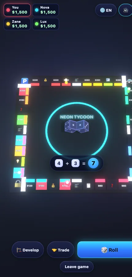 Neon Tycoon on mobile — portrait gameplay with a compact player roster, the neon board, the two dice and their total at the centre, and Develop / Trade / Roll buttons.